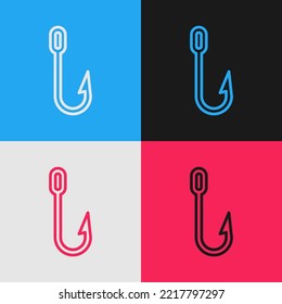 Pop art line Fishing hook icon isolated on color background. Fishing tackle.  Vector Illustration