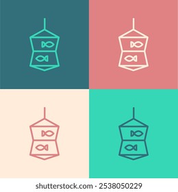 Pop art line Fishing net with fish icon isolated on color background.  Vector
