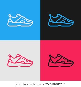 Pop art line Fitness sneakers shoes for training, running icon isolated on color background. Sport shoes.  Vector