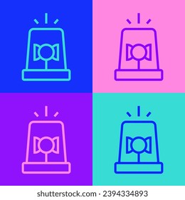 Pop art line Flasher siren icon isolated on color background. Emergency flashing siren.  Vector