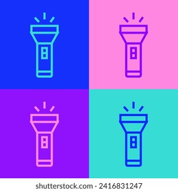 Pop Art Line Flashlight Symbol einzeln auf Farbhintergrund.  Vektorgrafik