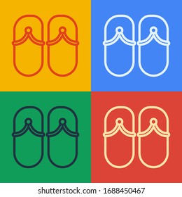 Pop art line Flip flops icon isolated on color background. Beach slippers sign.  Vector Illustration
