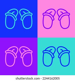 Pop art line Flip flops icon isolated on color background. Beach slippers sign.  Vector
