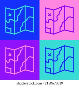 Pop art line Folded map icon isolated on color background.  Vector