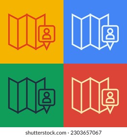 Pop art line Folded map with location marker icon isolated on color background.  Vector