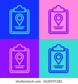 Pop art line Folded map with location marker icon isolated on color background.  Vector Illustration