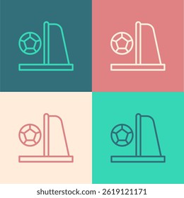 Pop art line Football goal with ball icon isolated on color background.  Vector