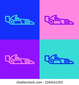 Línea de arte pop Icono de coche de carreras de Fórmula 1 aislado en el fondo de color.  Ilustración vectorial