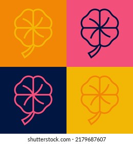 Pop art line Four leaf clover icon isolated on color background. Happy Saint Patricks day. National Irish holiday.  Vector