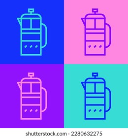 Pop art line French press icon isolated on color background.  Vector Illustration