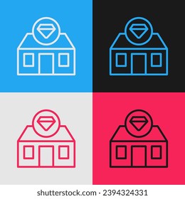 Pop art line Front facade building jewelry store icon isolated on color background.  Vector