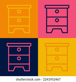 Pop art line Furniture nightstand icon isolated on color background.  Vector