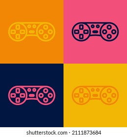 Pop art line Game controller or joystick for game console icon isolated on color background.  Vector