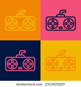 Pop art line Game controller or joystick for game console icon isolated on color background.  Vector