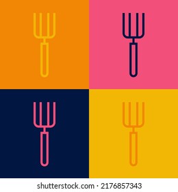 Pop art line Garden pitchfork icon isolated on color background. Garden fork sign. Tool for horticulture, agriculture, farming.  Vector