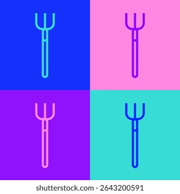 Pop art linha Garden ícone pitchfork isolado no fundo da cor. Sinal de garfo de jardim. Ferramenta para horticultura, agricultura, agricultura.  Vetor