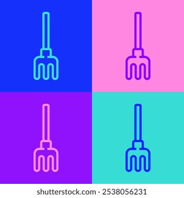 Pop art line Garden rake icon isolated on color background. Tool for horticulture, agriculture, farming. Ground cultivator.  Vector Illustration