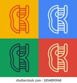 Línea de arte pop Icono de carne modificada genéticamente aislado en el fondo de color. Jeringa inyectada a la carne.  Vector