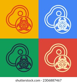 Pop art line Genetically modified meat icon isolated on color background. Syringe being injected to meat.  Vector