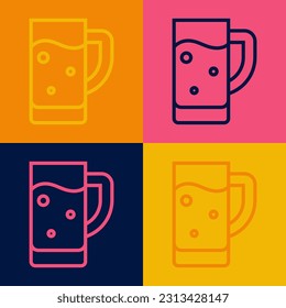 Pop art line Glass of beer icon isolated on color background.  Vector