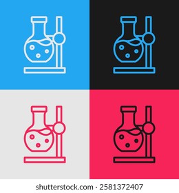 Pop art line Glass test tube flask on stand icon isolated on color background. Laboratory equipment.  Vector