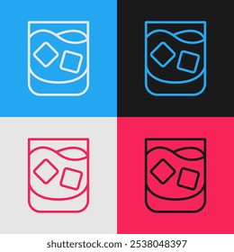 Pop art line Glass of whiskey and ice cubes icon isolated on color background.  Vector