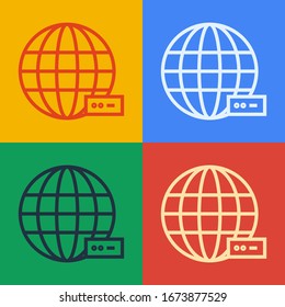 Línea de arte pop Tecnología global o icono de red social aislado en fondo de color.  Ilustración vectorial
