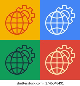 Pop art line Globe of the Earth and gear or cog icon isolated on color background. Setting parameters. Global Options.  Vector Illustration