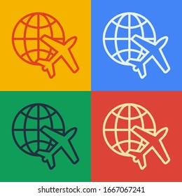 Pop art line Globe with flying plane icon isolated on color background. Airplane fly around the planet earth. Aircraft world icon.  Vector Illustration