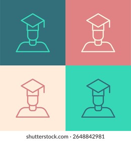 Pop art line Graduate and graduation cap icon isolated on color background.  Vector