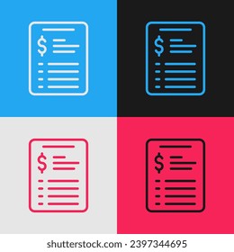 Pop art line Grooming salon price list icon isolated on color background.  Vector