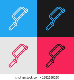 Pop art line Hacksaw icon isolated on color background. Metal saw for wood and metal.  Vector Illustration