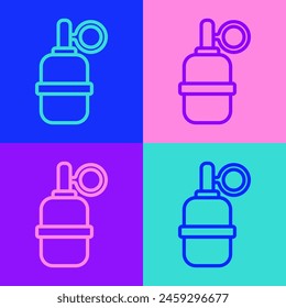 Pop línea de arte Icono de granada de mano aislado sobre fondo de color. Explosión de bomba.  Vector
