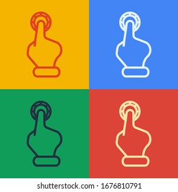 Pop art line Hand holding casino chips icon isolated on color background. Casino gambling.  Vector Illustration