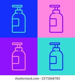 Pop art line Hand sanitizer bottle icon isolated on color background. Disinfection concept. Washing gel. Alcohol bottle for hygiene.  Vector Illustration