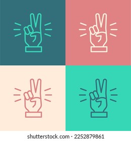 Pop art line Hand showing two finger icon isolated on color background. Victory hand sign.  Vector