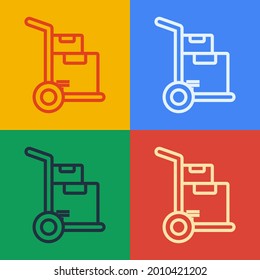 Pop art line Hand truck and boxes icon isolated on color background. Dolly symbol.  Vector Illustration