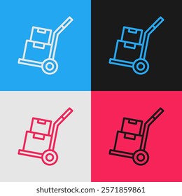 Pop art line Hand truck and boxes icon isolated on color background. Dolly symbol.  Vector