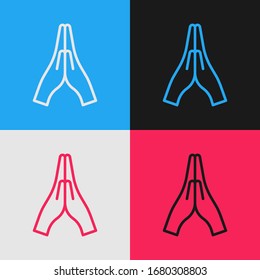 Pop art line Hands in praying position icon isolated on color background. Prayer to god with faith and hope.  Vector Illustration