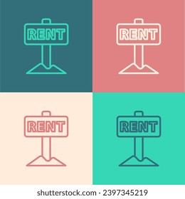 Pop art line Hanging sign with text Rent icon isolated on color background. Signboard with text For Rent.  Vector