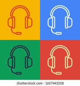 Pop art line Headphones with microphone icon isolated on color background.  Vector Illustration
