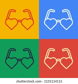 Pop art line Heart shaped love glasses icon isolated on color background. Suitable for Valentine day card design.  Vector