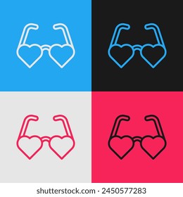 Pop art line Heart shaped love glasses icon isolated on color background. Suitable for Valentine day card design.  Vector