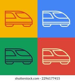 Pop art line High-speed train icon isolated on color background. Railroad travel and railway tourism. Subway or metro streamlined fast train transport.  Vector