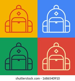 Pop art line Hiking backpack icon isolated on color background. Camping and mountain exploring backpack.  Vector Illustration