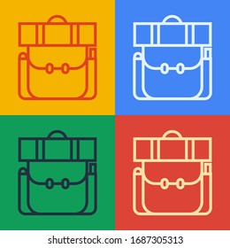 Pop art line Hiking backpack icon isolated on color background. Camping and mountain exploring backpack.  Vector Illustration