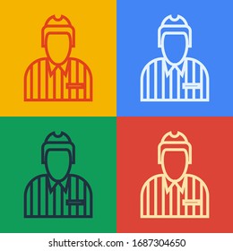 Pop art line Hockey judge, referee, arbiter icon isolated on color background.  Vector Illustration