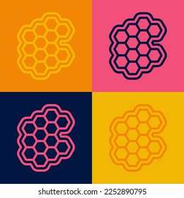 Pop art line Honeycomb icon isolated on color background. Honey cells symbol. Sweet natural food.  Vector