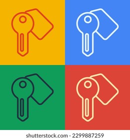 Pop art line Hotel door lock key icon isolated on color background.  Vector