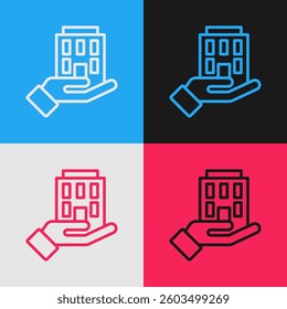 Pop art line House in hand icon isolated on color background. Insurance concept. Security, safety, protection, protect concept.  Vector
